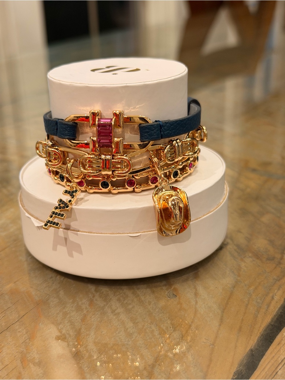 Bomb Party NWT “Southern Charm” Gold-Tone Bracelets Navy Leather Accent! - Picture 3 of 12